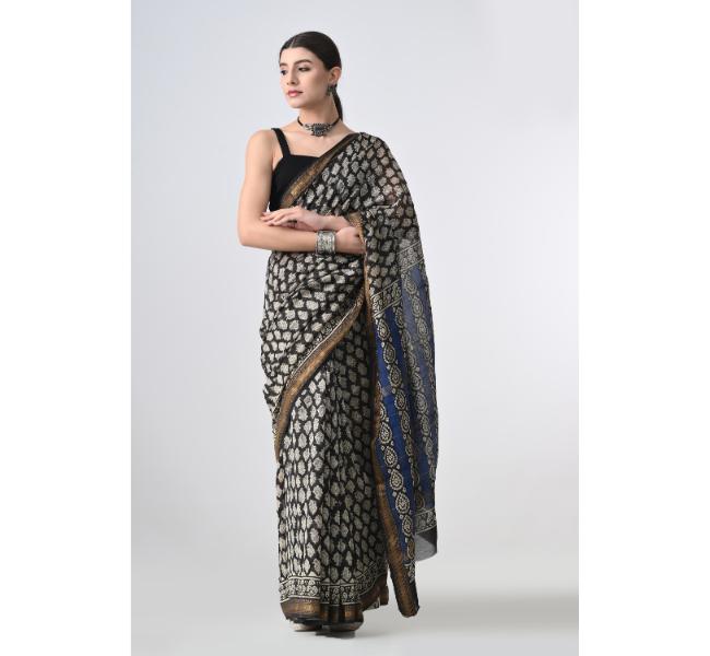 The Weavers Shop By Raavi Hand Block Cotton Printed Silk Black Saree